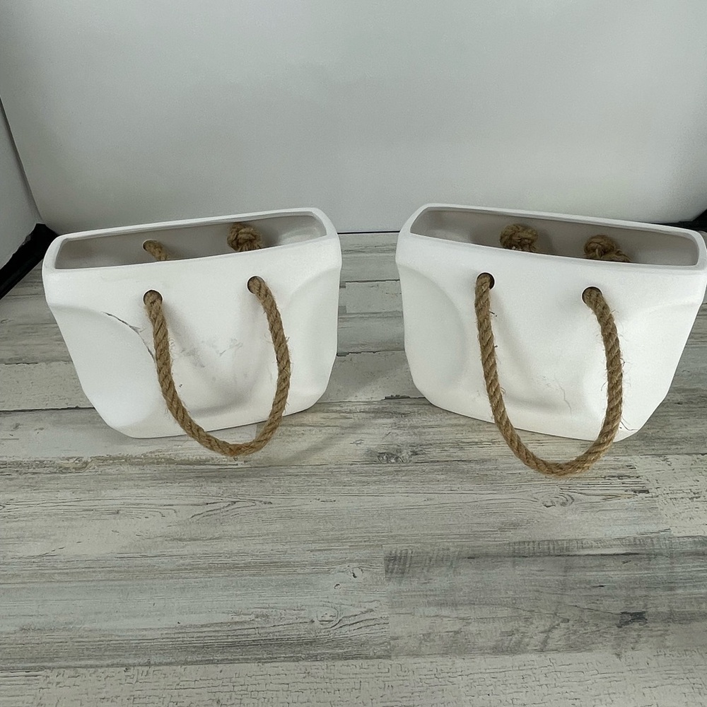 Pottery White Baskets With Jute Handles Decorative Set Of 2